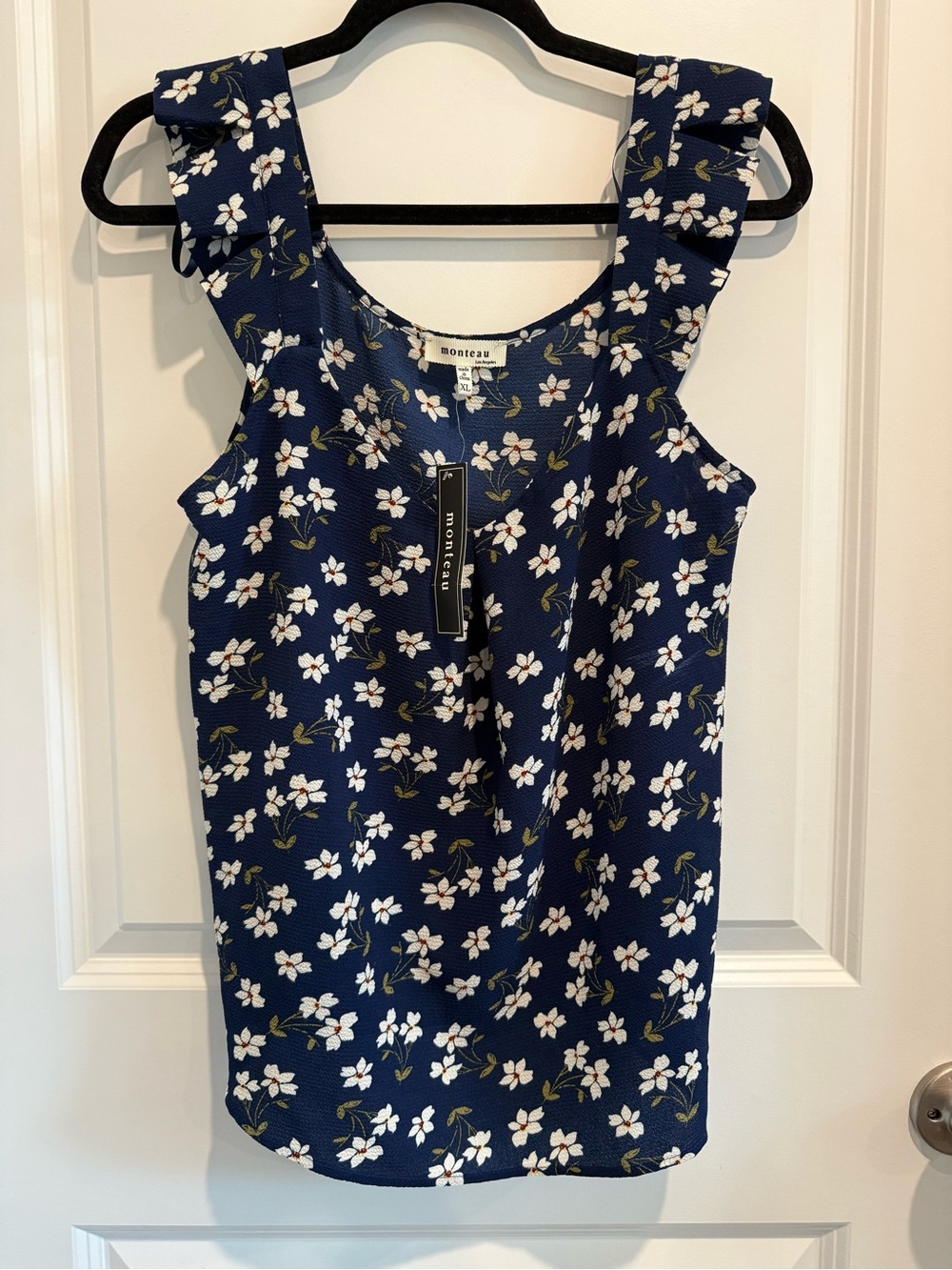Monteau Navy White Floral Ruffle Strap Tank Top
